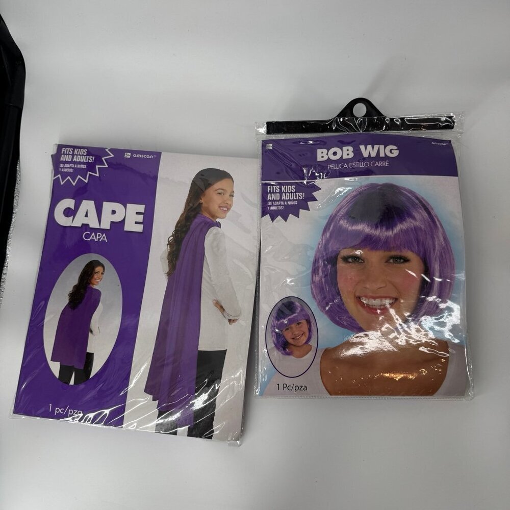 Purple Costume Set – Cape, Bob Wig & Mask (Amscan)